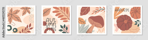 Set of autumn abstract decorative prints with organic various shapes,pumpkins,foliage,mushroom.Modern local food fest design.Agricultural fair.Trendy fall seasonal vector illustrations.