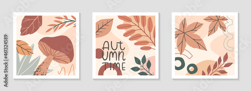 Set of autumn abstract decorative prints with organic various shapes,foliage,mushrooms and lettering - autumn time.Moderm seasonal design.Universal artistic banners.Trendy fall vector illustrations.