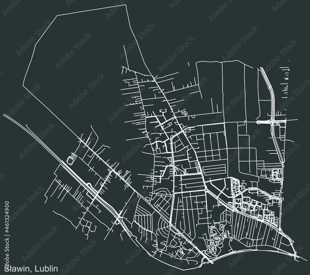 Detailed negative navigation urban street roads map on dark gray background of the quarter Sławin district of the Polish regional capital city of Lublin, Poland