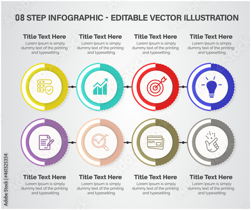8 Steps Infographics Design Template - Graph, banner, Pie chart, workflow layout, cycling diagram, brochure, report, presentation, web design. Editable Vector illustration