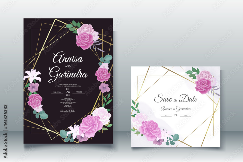  Beautiful purple floral frame wedding invitation card template Premium Vector