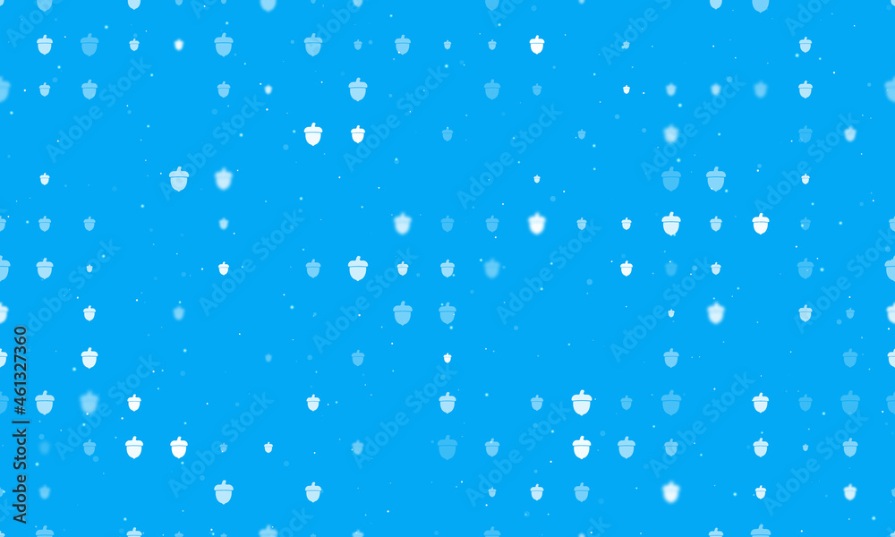 Seamless background pattern of evenly spaced white acorn symbols of different sizes and opacity. Vector illustration on light blue background with stars