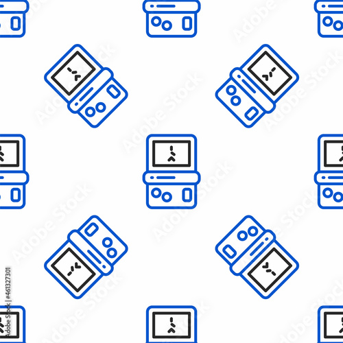 Line Portable tetris electronic game icon isolated seamless pattern on white background. Vintage style pocket brick game. Interactive playing device. Colorful outline concept. Vector