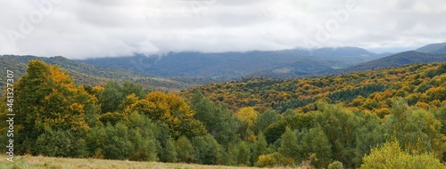 Jesień w Bieszczadach. Drzewa w kolorach złotym, czerwonym, zielonym, żółtym. Panorama.
