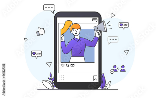Internet advertisement concept. Woman with megaphone in her ears looks out of smartphone. Character attracts new customers and users. Cartoon flat vector illustration isolated on white background