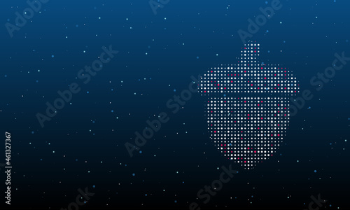 On the right is the acorn symbol filled with white dots. Background pattern from dots and circles of different shades. Vector illustration on blue background with stars