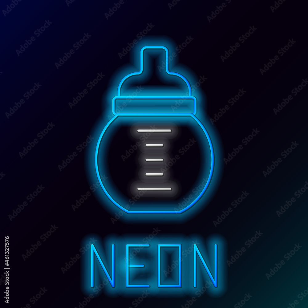 Glowing neon line Baby milk in a bottle icon isolated on black background. Feeding bottle icon. Colorful outline concept. Vector Glowing neon line Baby milk in a bottle icon isolated on black background. Feeding bottle icon. Colorful outline concept. Vector