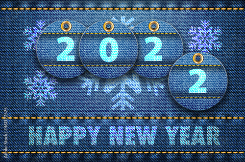 2022 year digits and Happy New Year greetings on blue jeans background.