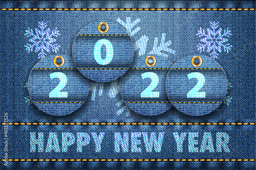 2022 year digits and Happy New Year greetings on blue jeans background.