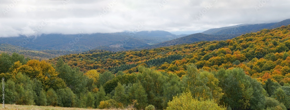 Obraz na płótnie Jesień w Bieszczadach. Drzewa w kolorach złotym, czerwonym, zielonym, żółtym. Panorama. w salonie