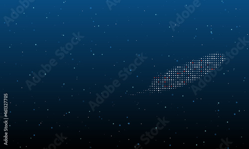 On the right is the feather symbol filled with white dots. Background pattern from dots and circles of different shades. Vector illustration on blue background with stars
