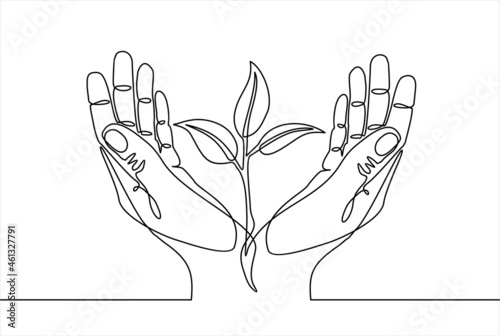 Continuous one line drawing of back to nature theme with hands holding a plant. Concept of growing and love earth.