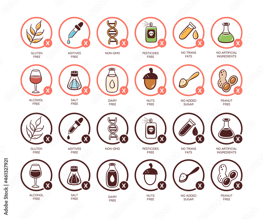 Food icon set of ingredients without harmful substances or allergens ...