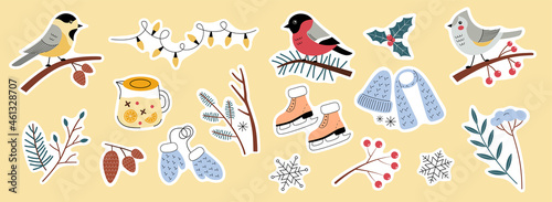 A romantic set of ready-to-print stickers. Winter cozy elements. Bullfinch, titmouse, chickadee birds. Vector illustration in a trending flat style. Perfect for seasonal products