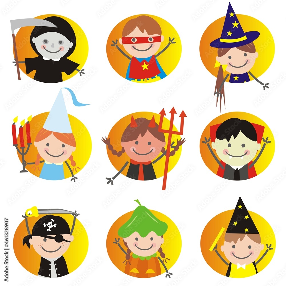 Carnival, Halloween, nine children, girls and boys at masks, funny vector illustration, face at circle frame, set Carnival, Halloween, nine children, girls and boys at masks, funny vector illustration, face at circle frame, set