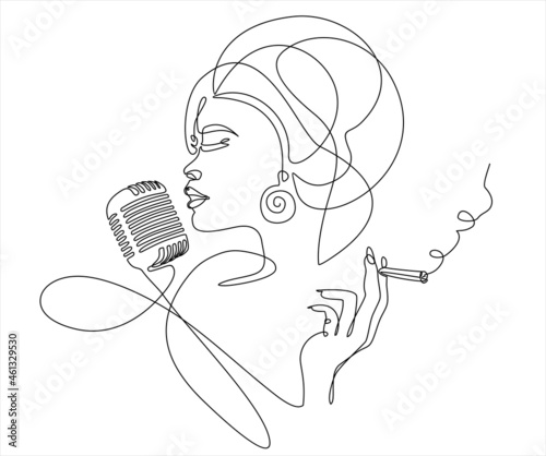 Young African woman singing in a retro microphone and smoking. Continuous one line drawing. Vector illustration.