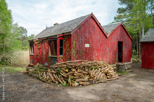 Abandoned rustic boathouse surrounded by cut wood