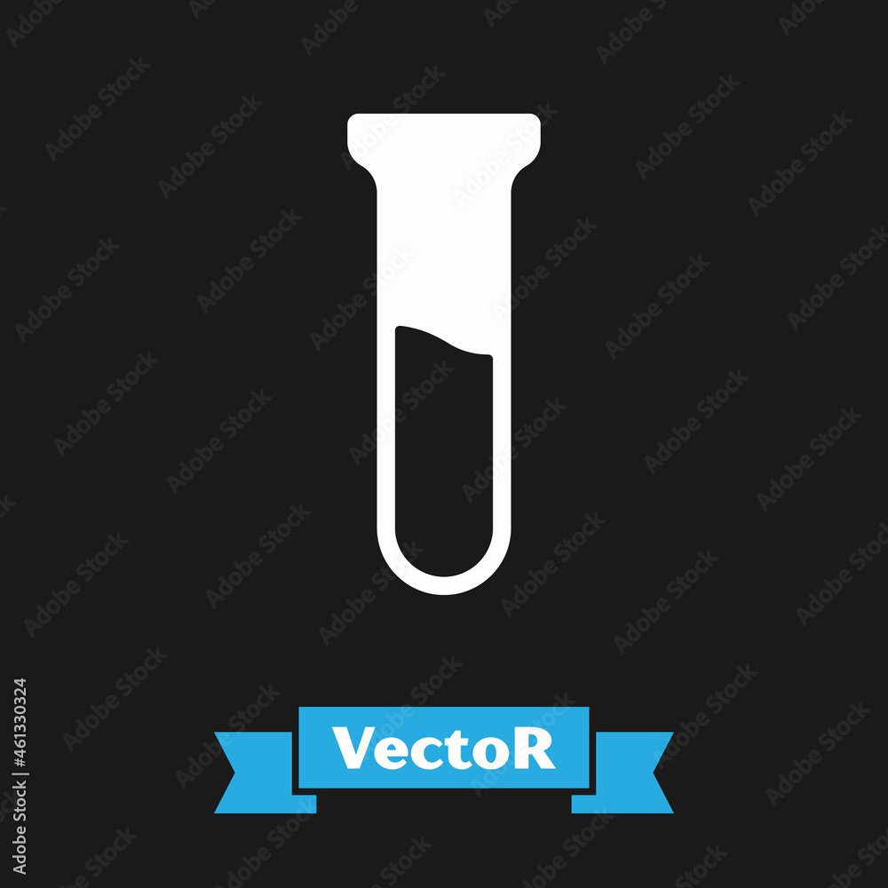 White Test tube and flask icon isolated on black background. Chemical laboratory test. Laboratory glassware. Vector White Test tube and flask icon isolated on black background. Chemical laboratory test. Laboratory glassware. Vector