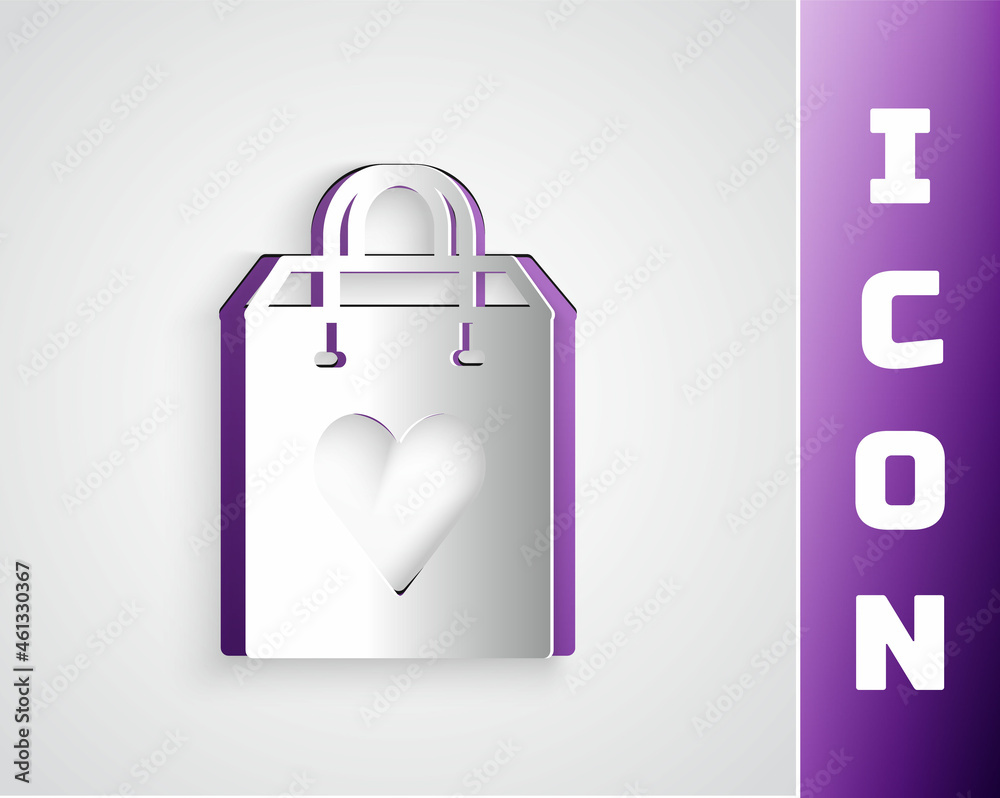 Paper cut Shopping bag with heart icon isolated on grey background. Shopping bag shop love like heart icon. Valentines day symbol. Paper art style. Vector Paper cut Shopping bag with heart icon isolated on grey background. Shopping bag shop love like heart icon. Valentines day symbol. Paper art style. Vector