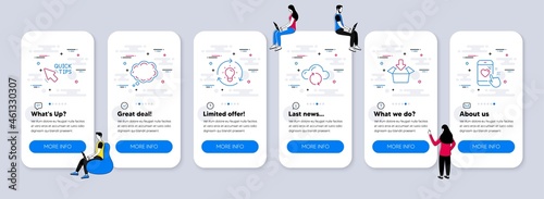 Technology icons set. UI phone app screens with teamwork. Included icon as Get box, Comic message, Cloud sync signs. Quick tips, Idea, Heart rating line icons. Vector