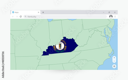 Browser window with map of Kentucky, searching  Kentucky in internet.