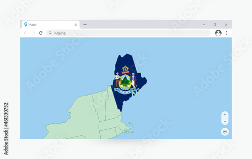 Browser window with map of Maine, searching  Maine in internet. photo