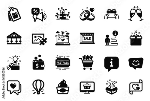 Vector Set of Holidays icons related to Airplane travel, Fastpass and Puzzle image icons. Web shop, Marriage rings and Smile chat signs. Special offer, Sale and Ice cream. Shopping rating. Vector