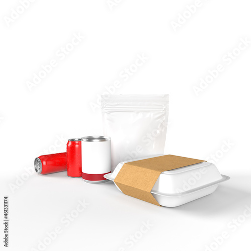 multiple kinds of food packaging stacked on a white background 