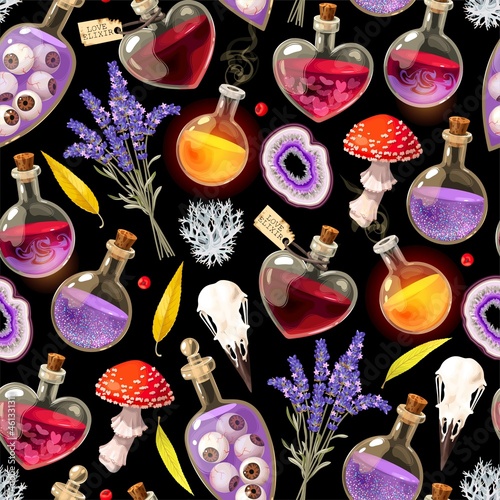 Magic seamless pattern with magic potion and herb photo