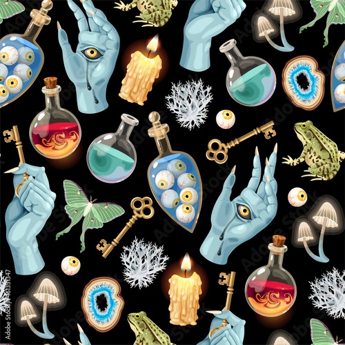 Seamless magic pattern with supply for witchcraft