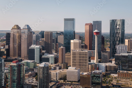 Aerial view of modern skyscraper in Downtown Calgary  Alberta  Canada.