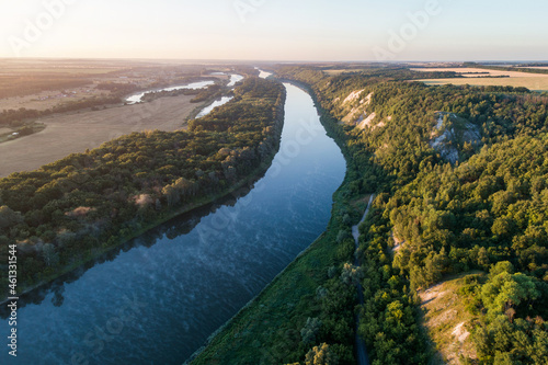 Aerial view of the Don River and chalk mountains, beautiful natural landscape.
