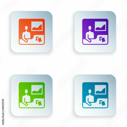 Color Trading courses icon isolated on white background. Distance learning finance management, buying and selling assets in the stock markets. Set colorful icons in square buttons. Vector © Oksana