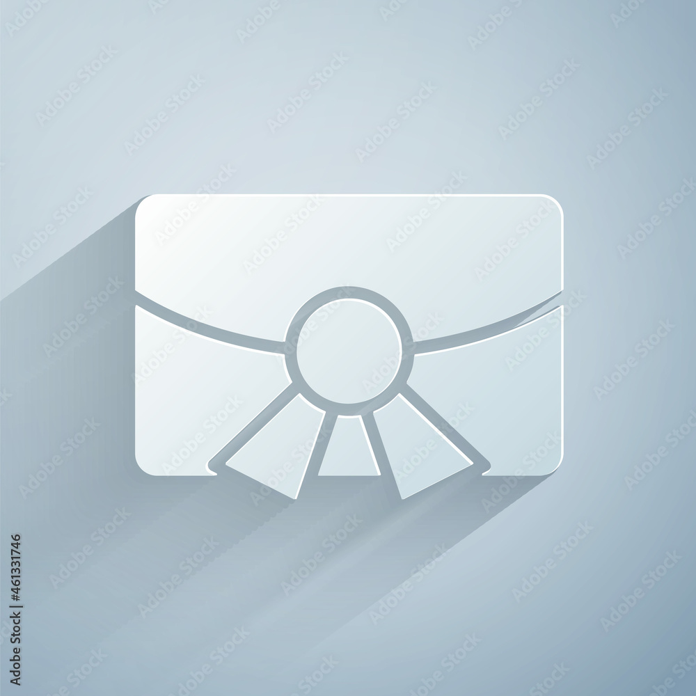 Paper cut Christmas postcard icon isolated on grey background. Merry Christmas and Happy New Year. Paper art style. Vector