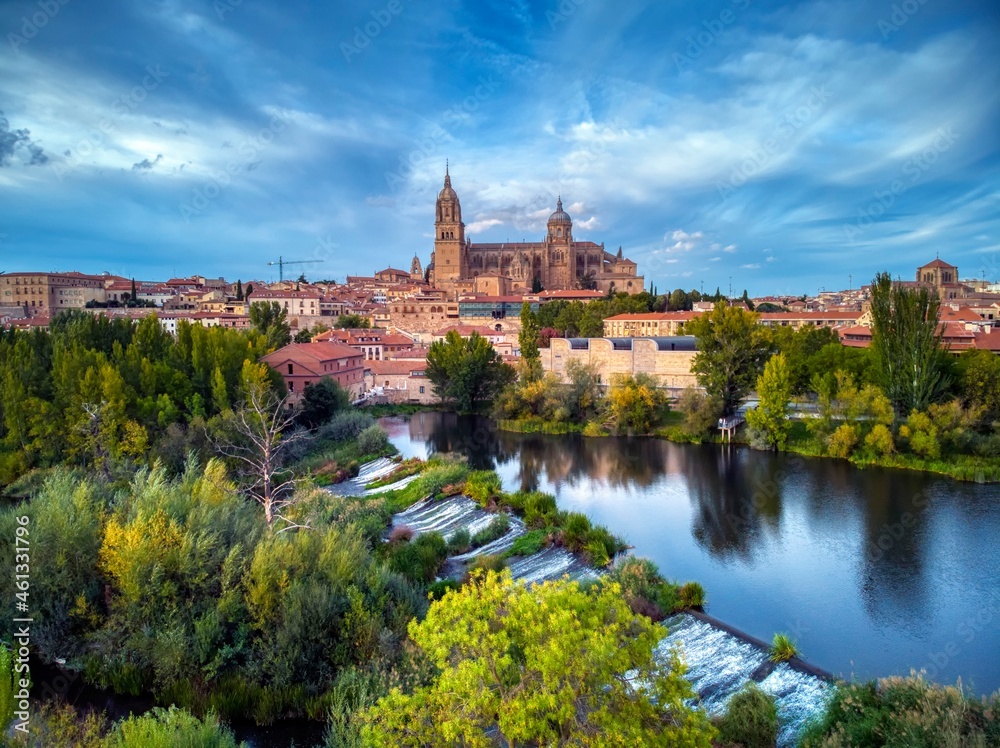 View of the Salamanca cathedral in the Tormes river