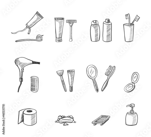 Vector set of icons. Bathroom elements. Toothbrush, shampoo, hairbrush, toilet paper.