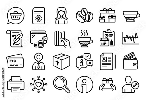 Vector set of Package, Stock analysis and Shopping cart line icons set. Calendar report, Money wallet and Credit card tag. Feather, Cv documents and Info icons. Vector