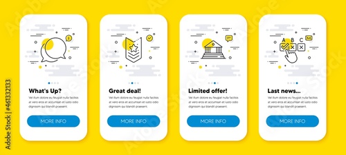 Vector set of Court building, Shoulder strap and Chat message line icons set. UI phone app screens with line icons. Correct checkbox icon. Judgement, Star rank, Speech bubble. Answer. Vector
