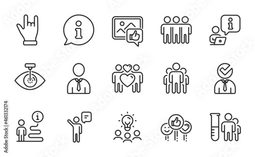 People icons set. Included icon as Like  Eye laser  Agent signs. Horns hand  Group  Vacancy symbols. Business idea  Love couple  Like photo. Medical analyzes  Human  Friendship line icons. Vector