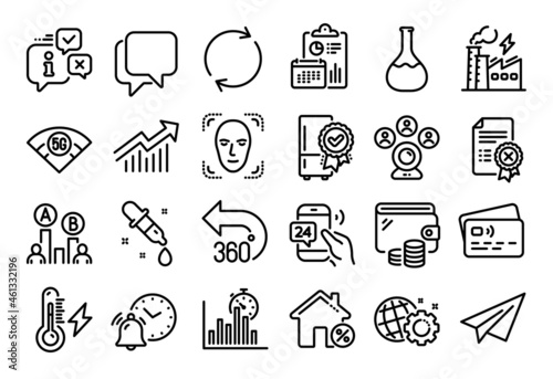 Vector set of Report timer, Electricity power and Talk bubble line icons set. Calendar report, Money wallet and Credit card tag. 24h service, Chemistry pipette and Video conference icons. Vector
