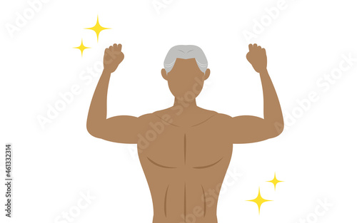 力こぶを作ってポージングするボディビルダーのシニア男性