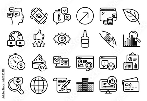 Vector set of Rating stars, Agreement document and Globe line icons set. Calendar report, Money wallet and Credit card tag. Search, Seo certificate and Messages icons. Vector