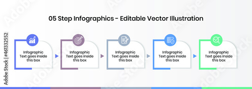 5 Steps Infographics Design Template - Graph, Pie chart, workflow layout, square diagram, circle diagram, brochure, report, presentation, web design. Editable Vector illustration