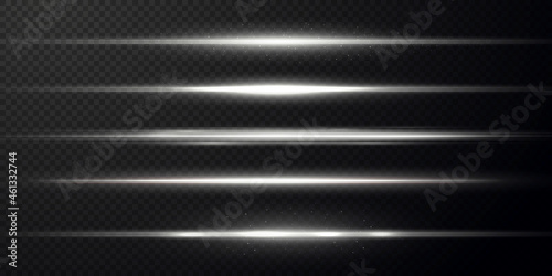 White horizontal lens flares pack. Laser beams, horizontal light rays. Beautiful light flares. Glowing streaks on light background. Collection effect light white line png. 