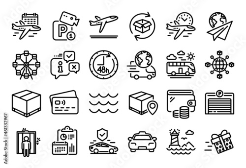 Vector set of Delivery service, Departure plane and Parking garage line icons set. Calendar report, Money wallet and Credit card tag. Flight time, Paper plane and Logistics network icons. Vector