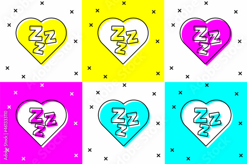 Set Sleepy icon isolated on color background. Sleepy zzz black talk bubble. Vector