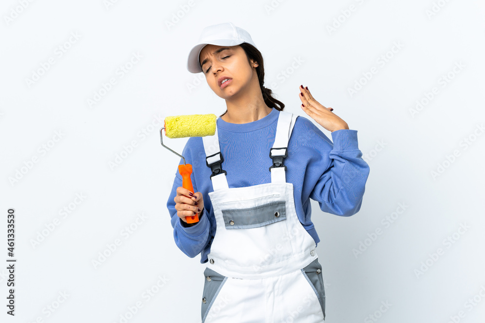 Painter woman over isolated white background with tired and sick expression Painter woman over isolated white background with tired and sick expression