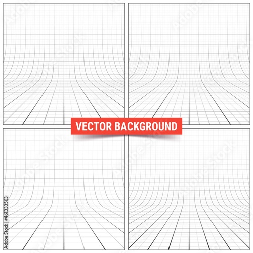 Set of studio backdrops with mesh. Curved perspective grid with major and minor lines.