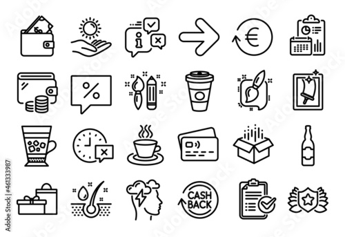 Vector set of Serum oil, Wallet and Sun protection line icons set. Calendar report, Money wallet and Credit card tag. Frappe, Cashback and Tea cup icons. Vector