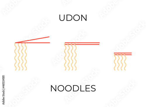 Chopsticks holding udon noodles icons set. Udon noodles different illustrations collection for restaurant menu or delivery website. Thin line style vector symbols isolated